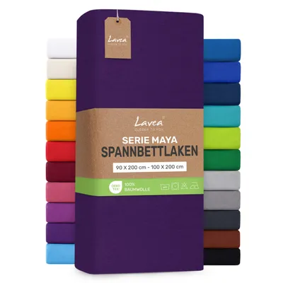 Produktbild von Lavea® Spannbettlaken 90x200cm - 100x200cm, Maya, 100% Baumwolle – Weiches, atmungsaktives Bettlaken für Matratzen bis 20cm - Dunkellila