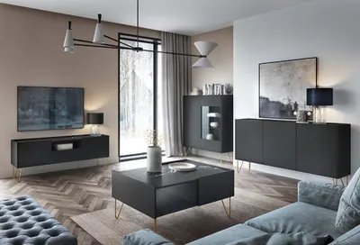 Produktbild von Wohnzimmer-set HARMONY TV-Schrank RTV 144 +Vitrine WT97 + Kommode K144 + Couchtisch L97 mit Goldene Füße Schwarz Graphit/Marmor