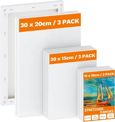Imagen del producto de Juego de 9 lienzos de diferentes tamaños: 30x20, 20x15 y 15x10 cm, aptos para pinturas acrílicas y al óleo