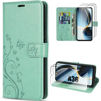 Image de Coque + 2 Verres Trempés pour Samsung Galaxy A36 5G, Protection Rabat Cuir Synthétique Vert Motif Floral Papillon