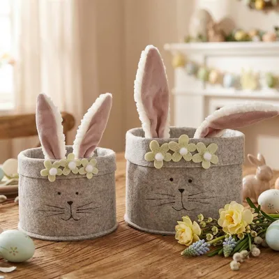 Image de 2x Nid de Pâques "Lapin" en feutre, beige, panier à oeufs, panier de Pâques, panier en feutre