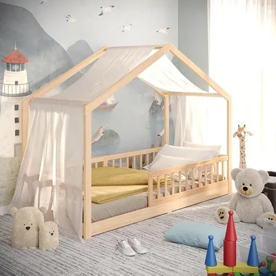 Produktbild von Malte Kinderbett 90x200 cm – Hausbett mit abnehmbarem Rausfallschutz, bis 200 kg belastbar, Roll-Lattenrost, Montessori Bodenbett aus Massivholz Kiefer, Natur