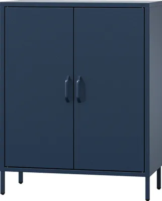 A dark blue metal cabinet with double doors and silver handles, shown from the front on a white background.