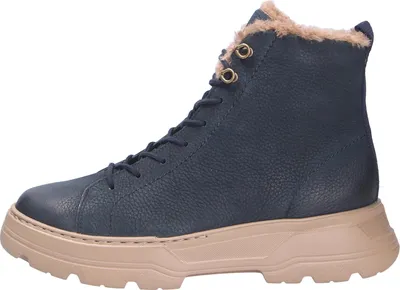 A side view of a single blue boot with tan sole and fur lining.