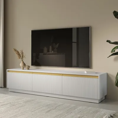 Produktbild von Geriffelter TV-Schrank ROMA weißes Lowboard mit goldenen Griffen moderner TV-Schrank mit gefräster Front, Farbe: Weiß