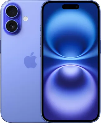 A purple iPhone is shown from the back and front, with the screen displaying a blue and purple abstract wallpaper.