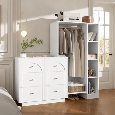 Produktbild von MODFU Moderner Kleiderschrank mit Kleiderstange, Kommode mit 6 Schubladen und seitlichen Regalen,Multifunktionaler Aufbewahrungsschrank für Schlafzimmer, Weiß