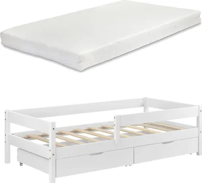 Immagine prodotto di Letto per bambini con materasso, sponda di sicurezza e cassetti 90x200 cm letto per ragazzi con sponda di sicurezza con materasso in schiuma fredda e rete in legno di pino letto bianco [en.casa]