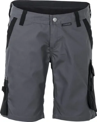 A front view of a pair of gray cargo shorts with black accents.