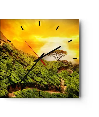 Produktbild von Wanduhr - Quadrat - Glasuhr - Berg Baum Pfad Hügel - 30x30cm - Schleichendes Uhrwerk - Lautlos - zum Aufhängen bereit - Dekoration Modern - Wanddekoration aus Glas - C3AC30x30-2715