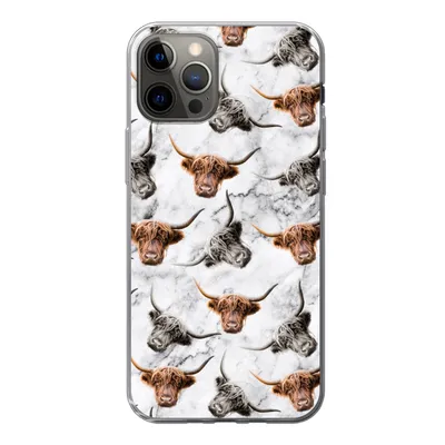Produktbild von MuchoWow® Handyhülle Schutzhülle Hülle für iPhone 12 Pro Schottischer Highlander - Kuh - Marmor Silikon Softcase Handy Hülle - Abdeckung