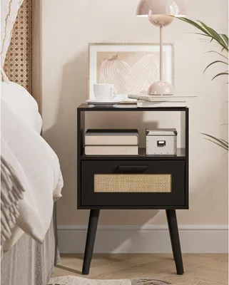 Image de Rotin Table de nuit noir avec tiroirs faits main, accent en bois & stockage