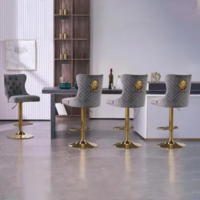 Produktbild von Barhocker 4er Set Samt Höhenverstellbar mit Lehne Drehbar Golden Grau