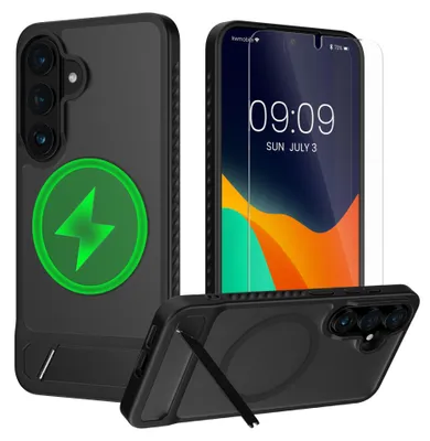 Produktbild von kwmobile Handyhülle für Samsung Galaxy S26 Hülle - Kunststoff TPU Case und Glas Folie - Kompatibel mit MagSafe - Schutzhülle mit Ständer - Schwarz