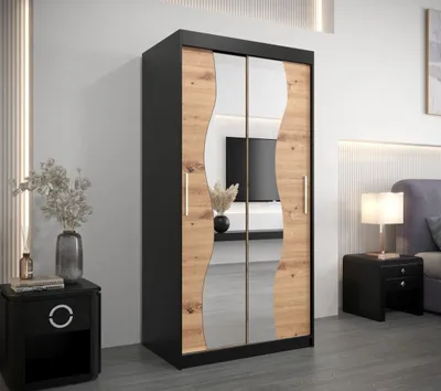 Obrázek produktu pro Šatní skříň se zrcadly XEIE - šířka 100 cm, černá / dub artisan