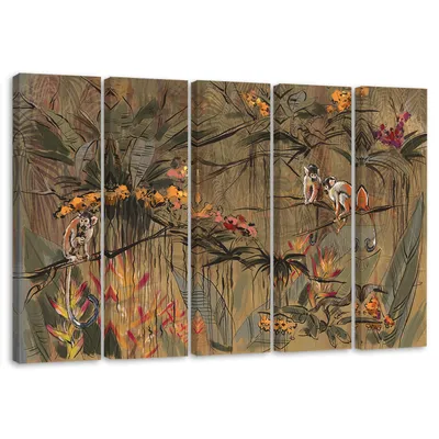 Produktbild von 5-teiliges leinwandbild dschungel affen 100x70 cm Feeby braun wandbild bereit zum aufhängen