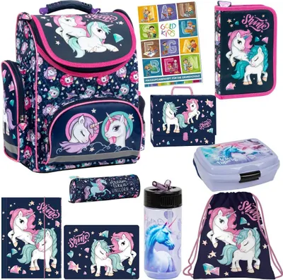 Produktbild von Schulranzen Set 10er Ranzen Tornister Federmappe Turnbeutel Gummizugmappe Brotdose Trinkflasche Aufgabenheft Aktentasche Einhorn Unicorn Motiv