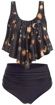 Produktbild von Tankini-Badeanzug für Damen, hohe Taille, gepolsterte Bügel, Rüschen, elastisch, Sommer, Muster: Mond/Stern/Sonne