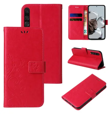 A collage of images showing a red flip phone case with a floral design.