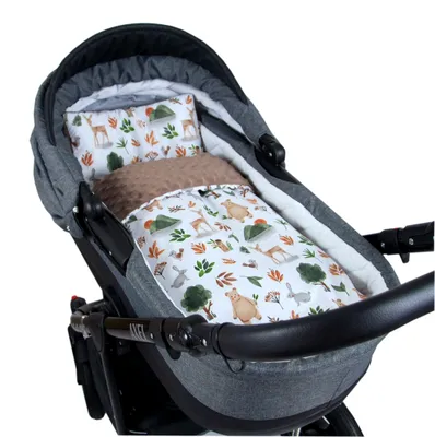 Produktbild von Aves-24  DE BabyLux Babydecke MINKY PLÜSCH 75x60cm mit Kissen – Weiche Decke für Kinderwagen & Babyschale MP152 - Braun + Wald