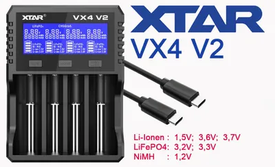 Imagen del producto de Cargador rápido XTAR VX4 V2 para baterías de 1,5V Li-Ion, 3,6-3,7V Li-Ion, 3,2V LiFePO4 y 1,2V NiMH, con 4 compartimentos de carga y probador de capacidad