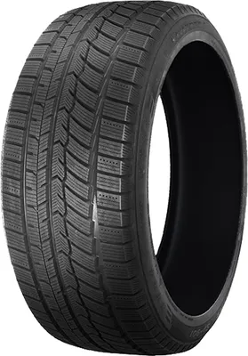 A studio shot of a single tire against a white background.
