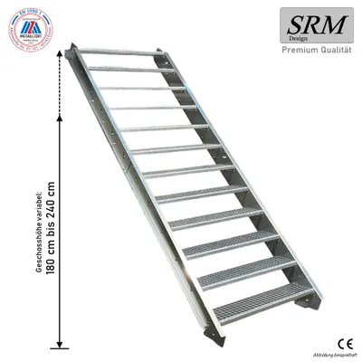 Produktbild von SRM Design Wangentreppe, Stahl verzinkt, Breite 100 cm, Geschosshöhe 180-240 cm, 12 Stufen, Stufenmaße 100x24 cm, U-Profil 50x215x30 mm, Außenbereich & Gewerblich, Inklusive Zubehör