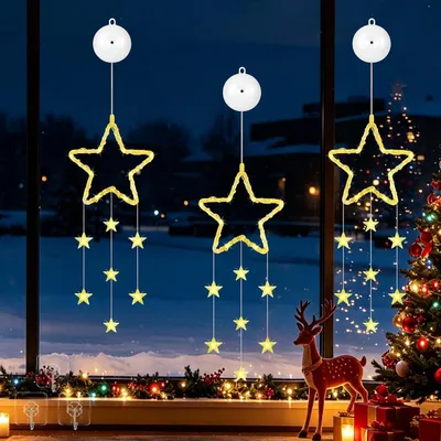 Produktbild von Weihnachtsstern Fensterbeleuchtung 3er Set Batterie 19 LED Warmweiß Timer Saugnäpfe für Fenster Tür Weihnachtsbaum Kamin Innen Deko