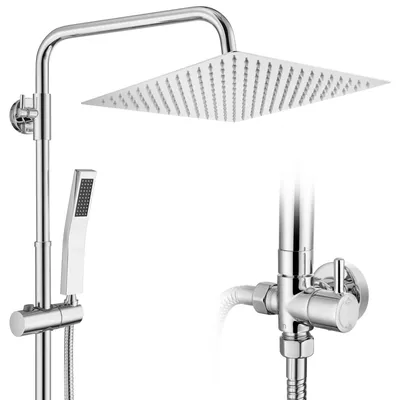 Produktbild von Auralum Regendusche Duschsystem Edelstahl 30x30 cm eckig, Duschset ohne Armatur, Regendusche Chrom, höhenverstellbare Duschstange, mit Wasserteiler