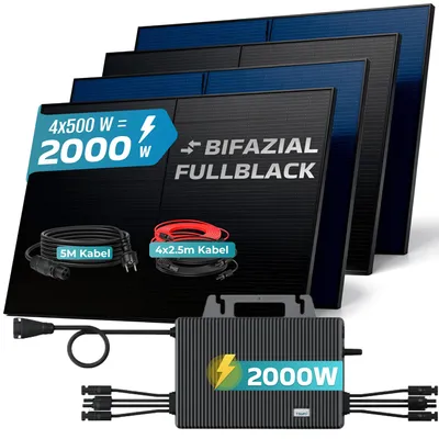 Produktbild von SUNNIVA® 2000W Balkonkraftwerk BIFAZIAL FULLBLACK komplett Steckdose TSUN 2000 Watt Wechselrichter, Komplettset 4x 500W PV Solaranlage Solarmodule