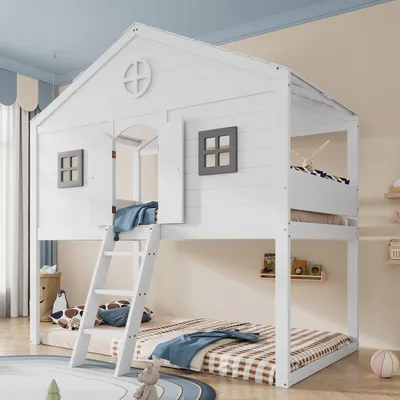Produktbild von Flieks Etagenbett 90x200cm mit Tür & Fenster, Kinderbett Hausbett mit Rausfallschutz, Hochbett mit Leiter, Stockbett Holzbett mit Lattenrost, Weiß