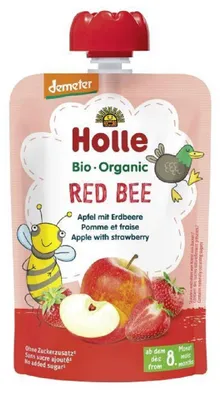 MUS CZERWONA PSZCZOŁA (JABŁKO - TRUSKAWKA) BEZ DODATKU CUKRÓW OD 8 MIESIĄCA DEMETER BIO 100 g - HOLLE