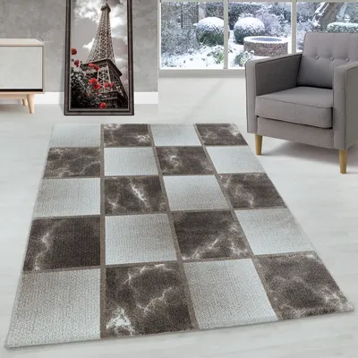 Produktbild von Modern Designer Wohnzimmer Teppich Weicher Kurzflor Kariert Design Robust, Farbe:Braun, Grösse:80x250 cm
