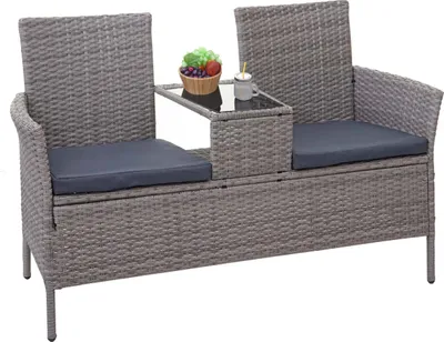 Produktbild von Poly-Rattan Sitzbank mit Tisch HWC-E24, Gartenbank Sitzgruppe Gartensofa, 132cm grau, Kissen dunkelgrau