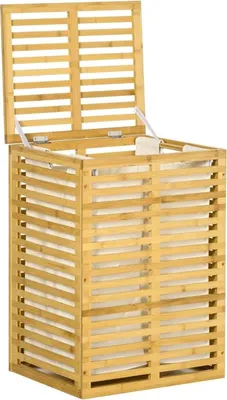 Image de Panier à linge Fortuna Lai en bambou avec collecteur de linge de 63 L avec couvercle, sac à linge amovible, tringle, paniers à linge pour buanderie, chambre à coucher, salle de bain, bois naturel