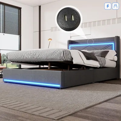 Produktbild von 140x200 cm Flachbett mit LED-Umgebungslicht, App-gesteuert, Hydraulischer Hebemechanismus, USB-Ladeanschluss,Grau
