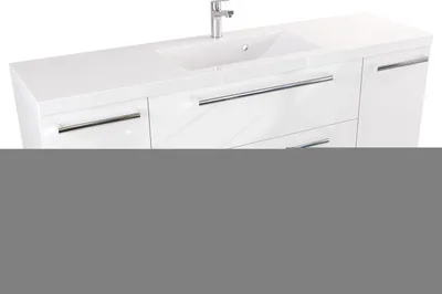 Produktbild von FURNI Waschtischunterschrank ATH 140 cm - Weiß Hochglanz - Hängender Badschrank mit Mineralguss-Waschbecken - Griffe - Vormontiert
