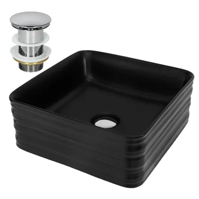 Produktbild von LuxeBath Waschbecken Aufsatzwaschbecken Quadratisch, 39x39x15 cm, Schwarz, aus Keramik, inkl. Ablaufgarnitur ohne Überlauf