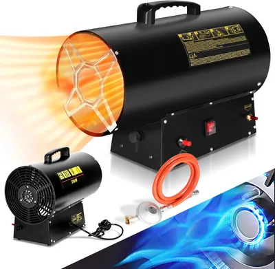 Zdjęcie produktu dla Wentylator grzewczy gazowy o mocy 30 kW, urządzenie grzewcze gazowe z regulatorem ciśnienia, zabezpieczeniem przed przegrzaniem, uchwytem i wężem, przeznaczone do warsztatów, mostów, kolei, lotnisk, serwisowania maszyn oraz instalacji przemysłowych o powierzchni do 450 m²