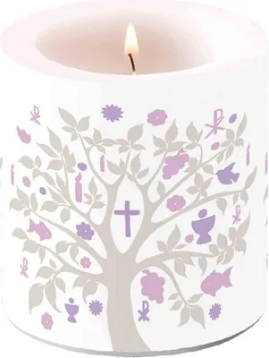 Produktbild von Kerze rund Communion Symbols Taupe - Baum des Lebens taupe / lila Ø 7,5cm, Höhe 8cm