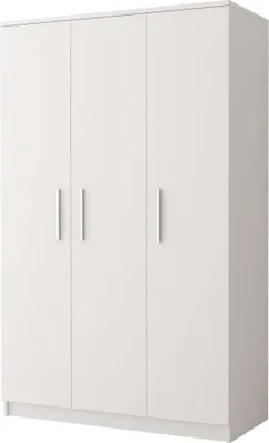 A white three-door wardrobe with silver handles against a white background.