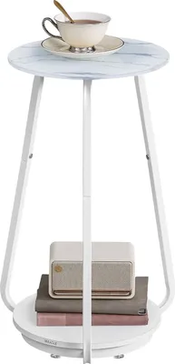 Produktbild von Beistelltisch, rund, Nachttisch mit 2 Ebenen, Couchtisch mit Glasplatte und Spanplatte, für Wohnzimmer, Schlafzimmer, kleine Räume, modern, marmorweiß