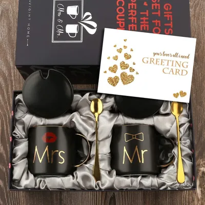 Productafbeelding van Koffiemokken set "Mr. & Mrs.", keramiek, 14 oz, zwart, set van 2 met deksel en lepel