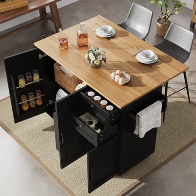 Produktbild von Sweiko Moderne Kücheninsel, Küchenschrank, buffetschrank, Speisewagen mit Holzmaserung, buffetschrank, Multifunktionale Esstisch mit Speicherraum, Speisewagen mit Snackregalen, schwarz