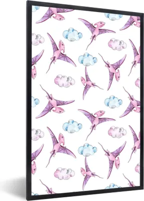 Produktbild von MuchoWow® Gerahmtes Poster Dinosaurier - Muster - Kinderzimmer - Mädchen - Kinder - Rosa - Kinder 60x90 cm - Poster mit Schwarzem Bilderrahmen Wandposter Rahmen Foto Bilder - Kunst