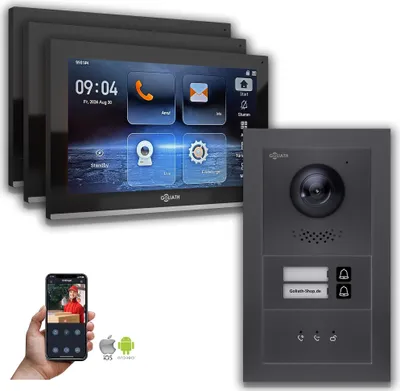 Produktbild von Goliath IP Video Türsprechanlage: 10-Zoll 3 Monitore 2 Fam., Anzeige, Anthrazit : 10 Zoll in Schwarz : Aufputzdose : 4er POE Anschluss über:: 4er POE Monitor Auswahl: 10 Zoll in Schwarz Türklingel Montagedose: Aufputzdose