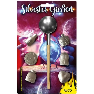 A product package for 'Silvester Gießen' (New Year's Eve Casting) featuring a metal spoon and several small metal molds for casting figures.