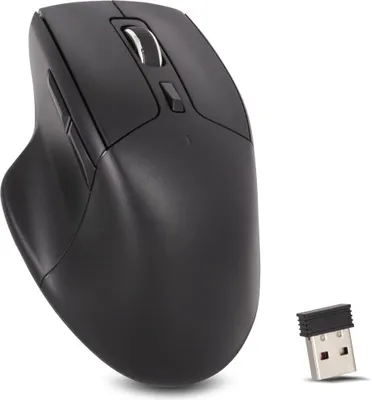 A black wireless computer mouse and its USB receiver are shown against a white background.