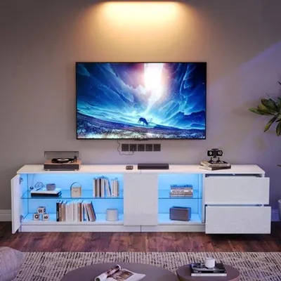 Zdjęcie produktu dla RTV stojak, biały, wysoki połysk - szerokość 160 cm - wykonany z MDF, z 3 szufladami, szafką i oświetleniem LED