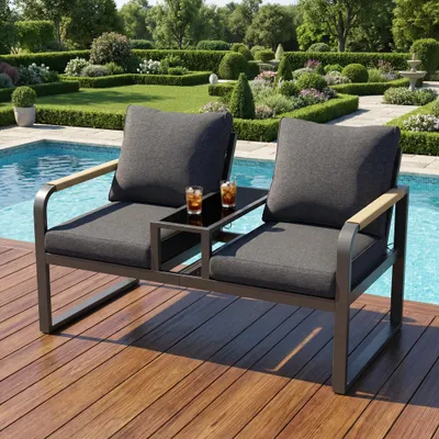 Produktbild von Merax Gartenmöbel-Set, 2-Sitzer Outdoor Sofa mit verzinkter Stahl, Outdoor Essgruppe mit Glasplatte und geflochtene Armlehnen, Industriestil, Grau